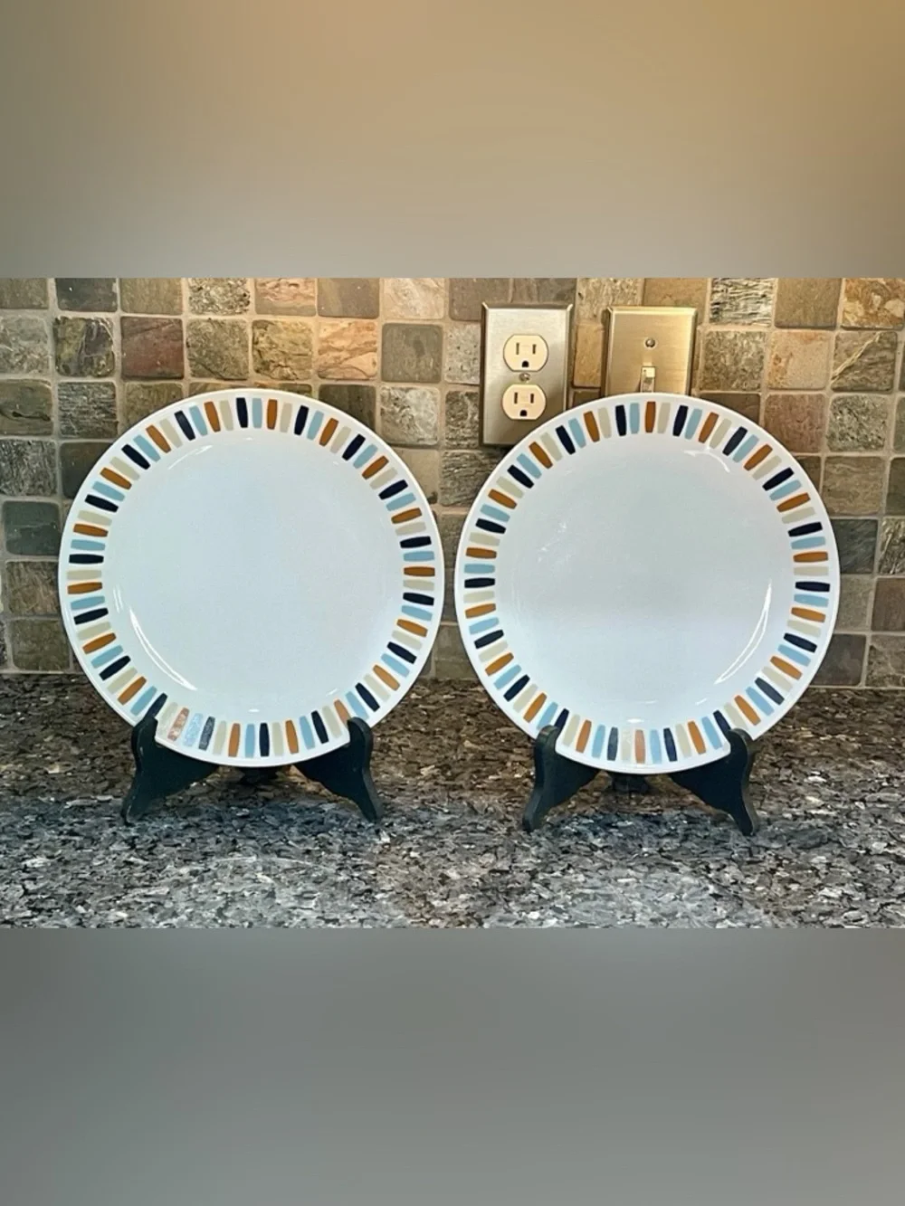 Corelle Payden 10.25” White Dinner Plates w/ Retro Blue, Tan & Navy Stripe Rim